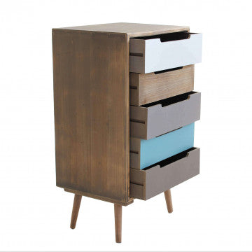 Cassettiera con struttura MDF, gambe pino, 5 cassetti colorati