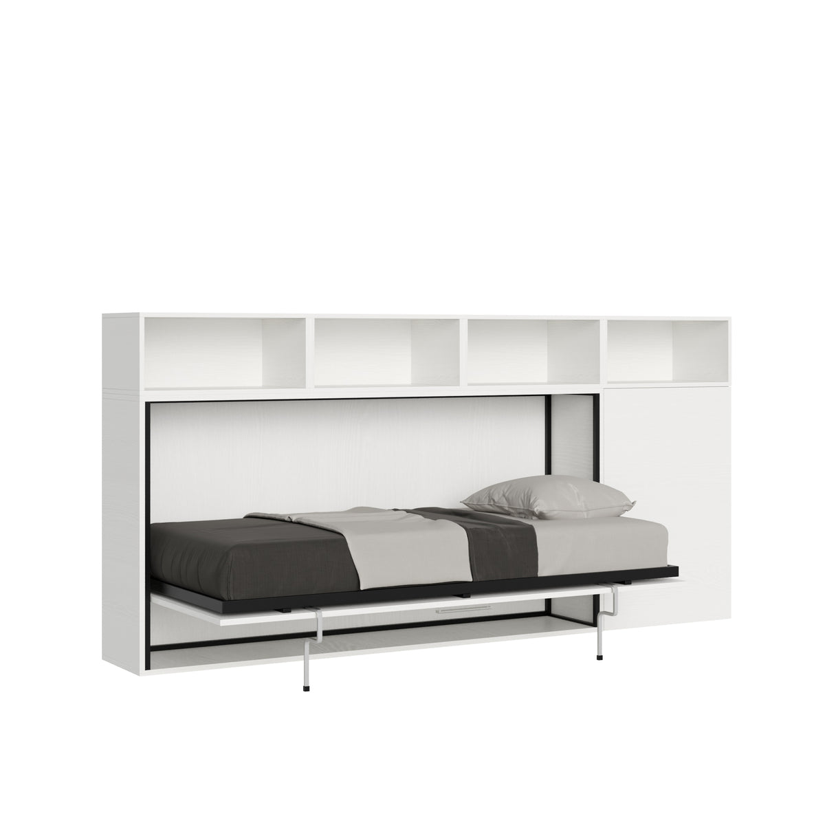 Letto a scomparsa singolo orizzontale Kando con materasso integrato, struttura bianca e ripiani superiori aperti, ideale per spazi ridotti.