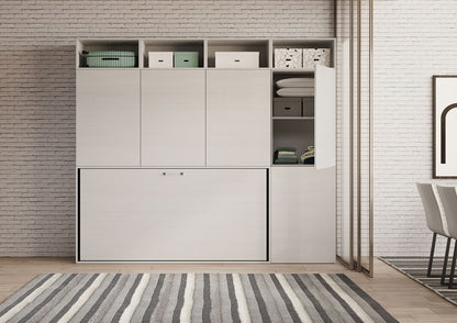 Armadio laterale della composizione Kando aperto, con ripiani per biancheria, integrato in un sistema letto a scomparsa.