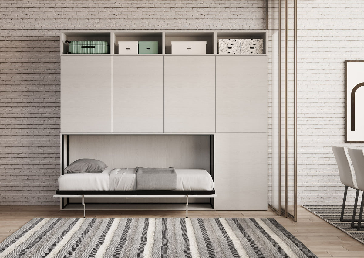 Letto singolo Kando aperto in composizione alta, con struttura bianca e libreria superiore, perfetto per ottimizzare lo spazio.