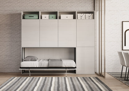 Letto singolo Kando aperto in composizione alta, con struttura bianca e libreria superiore, perfetto per ottimizzare lo spazio.