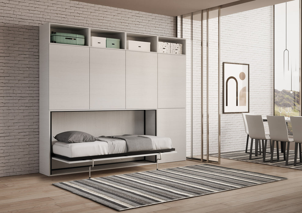 Letto Kando aperto in composizione verticale, con materasso singolo e struttura bianca, ideale per ambienti moderni e funzionali.