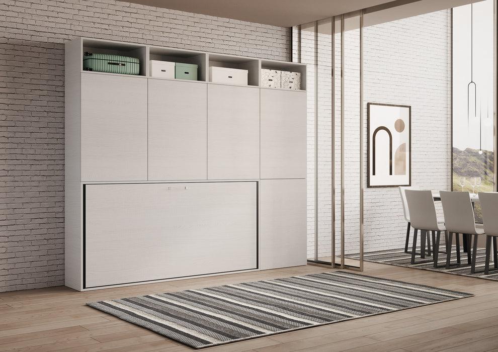 Vista laterale della composizione Kando chiusa, con ante alte e vani a giorno, perfetta per arredare ambienti open space.