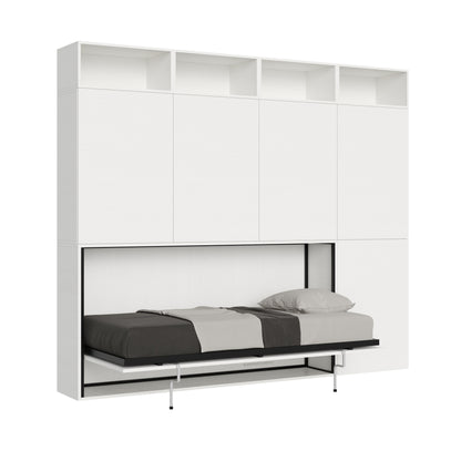 Letto a scomparsa Kando con composizione alta e ante chiuse, struttura bianca e materasso incluso, perfetto per ambienti verticali.