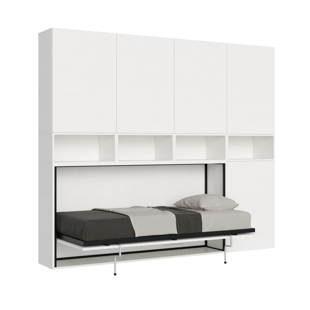 Letto a scomparsa Kando con ante alte e vani a giorno inferiori, materasso incluso, ideale per arredare piccoli spazi con stile.