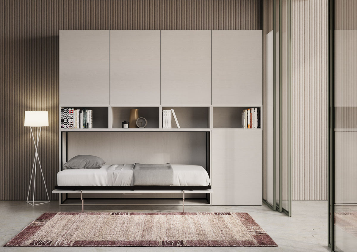 Letto Kando aperto in ambiente moderno, con struttura verticale e materasso singolo, perfetto per camere multifunzionali.