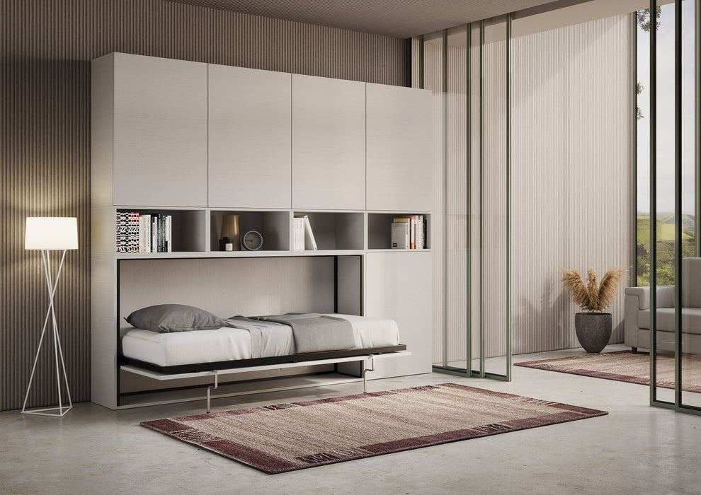 Letto Kando aperto in composizione verticale, con materasso singolo e struttura bianca, perfetto per ambienti moderni e compatti.