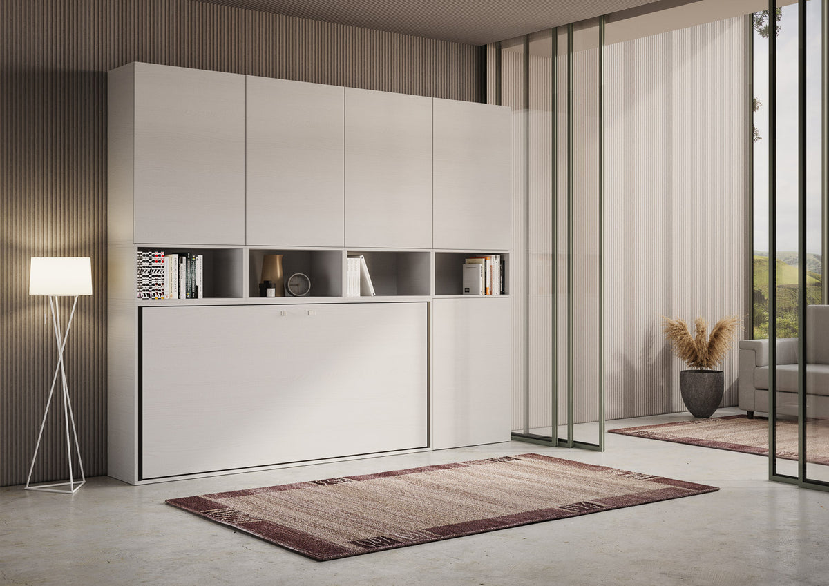 Vista laterale della composizione Kando chiusa, con ante alte e libreria centrale, ideale per arredare ambienti eleganti e funzionali.
