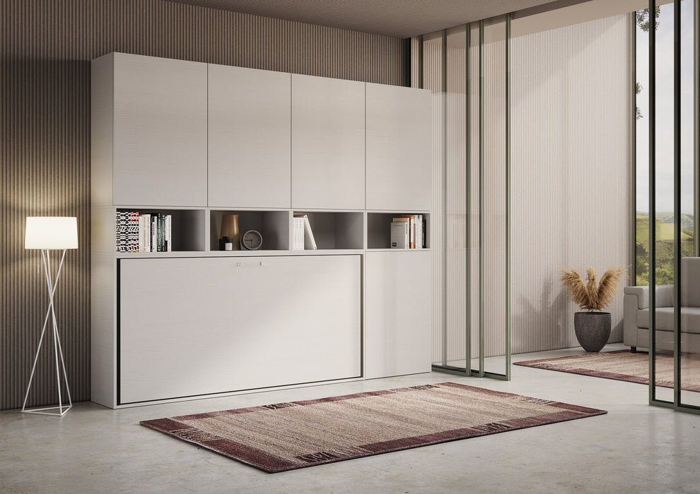 Vista laterale della composizione Kando chiusa, con ante alte e libreria centrale, ideale per arredare ambienti eleganti e funzionali.