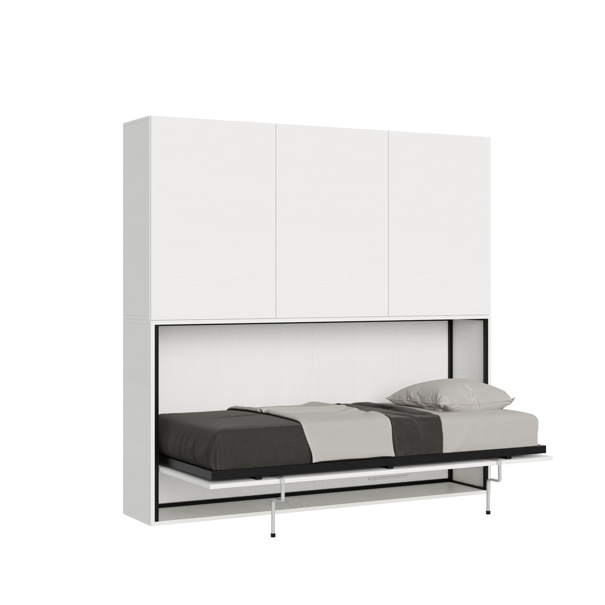 Letto a scomparsa Kando con ante alte e materasso singolo, struttura bianca compatta, ideale per ambienti minimalisti.