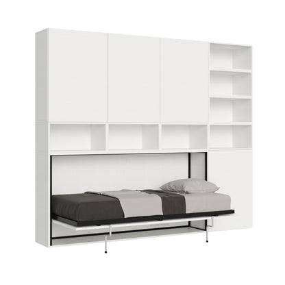 Letto a scomparsa Kando con libreria laterale aperta, materasso singolo e struttura bianca, ideale per ambienti multifunzionali.