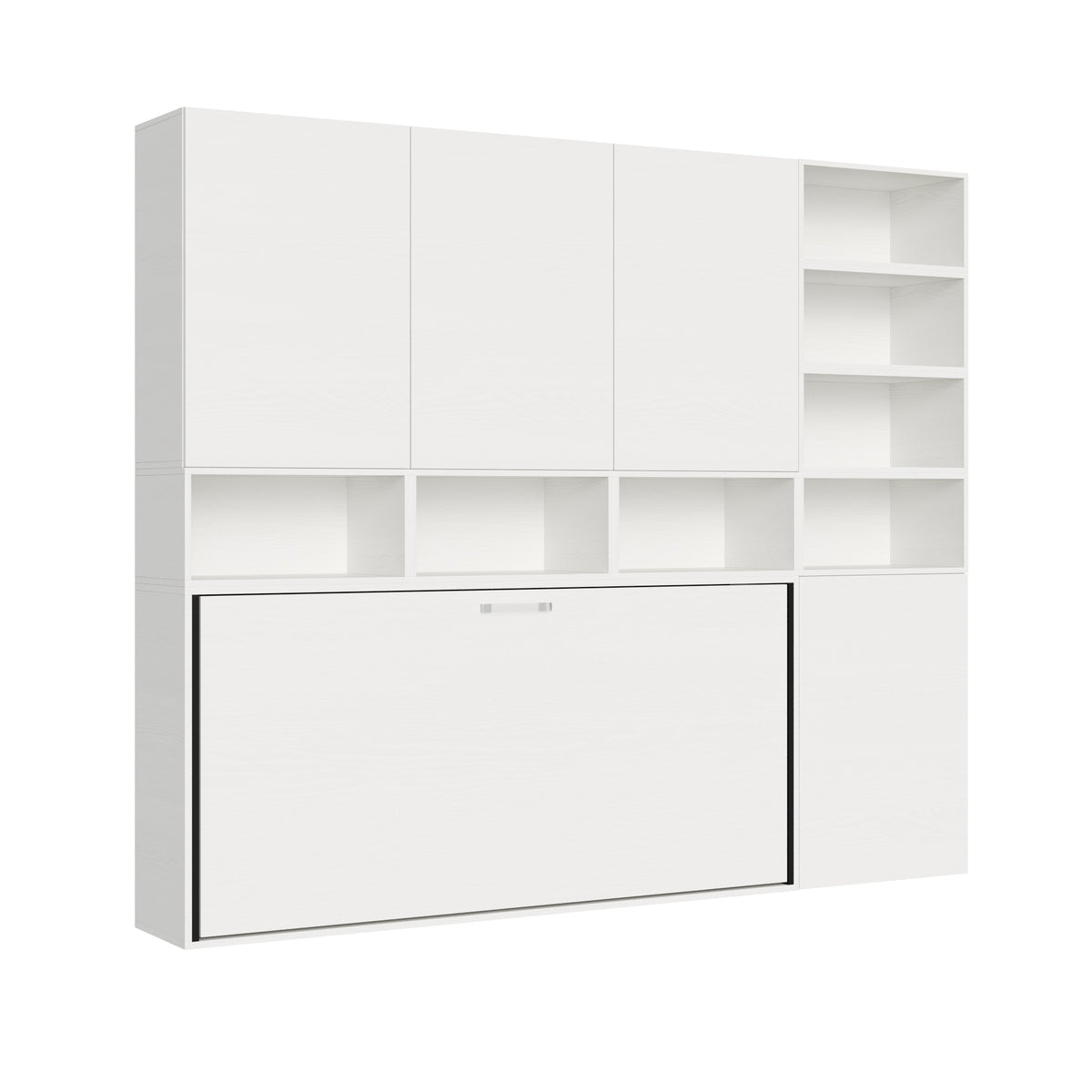 Mobile letto Kando chiuso con libreria laterale e vani a giorno, perfetto per arredare piccoli spazi con stile e funzionalità.