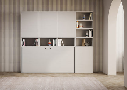 Composizione Kando in soggiorno moderno, con letto a scomparsa chiuso e libreria laterale, ideale per ambienti multifunzionali.