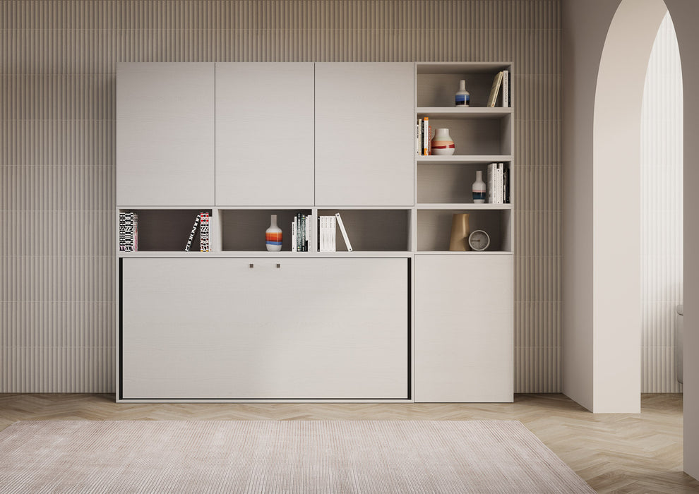 Composizione Kando in soggiorno moderno, con letto a scomparsa chiuso e libreria laterale, ideale per ambienti multifunzionali.