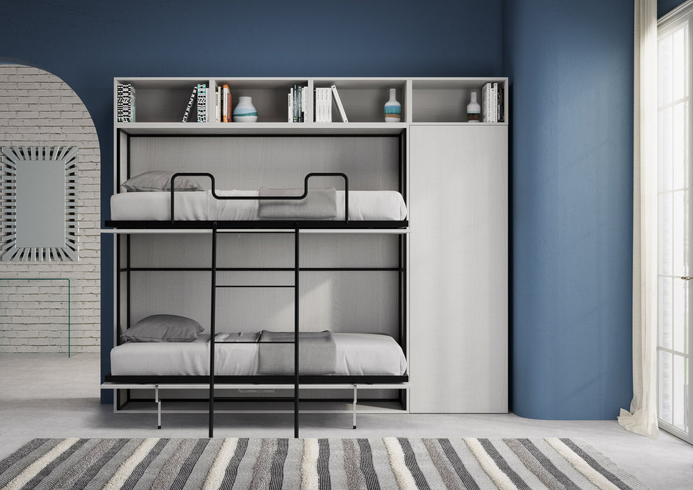 Letto a castello orizzontale Kando aperto con pensili, ideale per ambienti piccoli, finitura Bianco Frassino.
