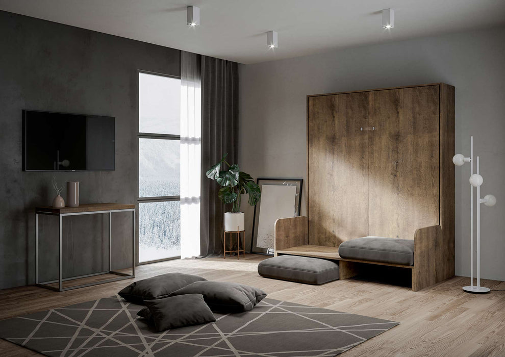 Divano del letto Kentaro Sofà in legno scuro smontato per apertura, mostra la versatilità del sistema trasformabile.