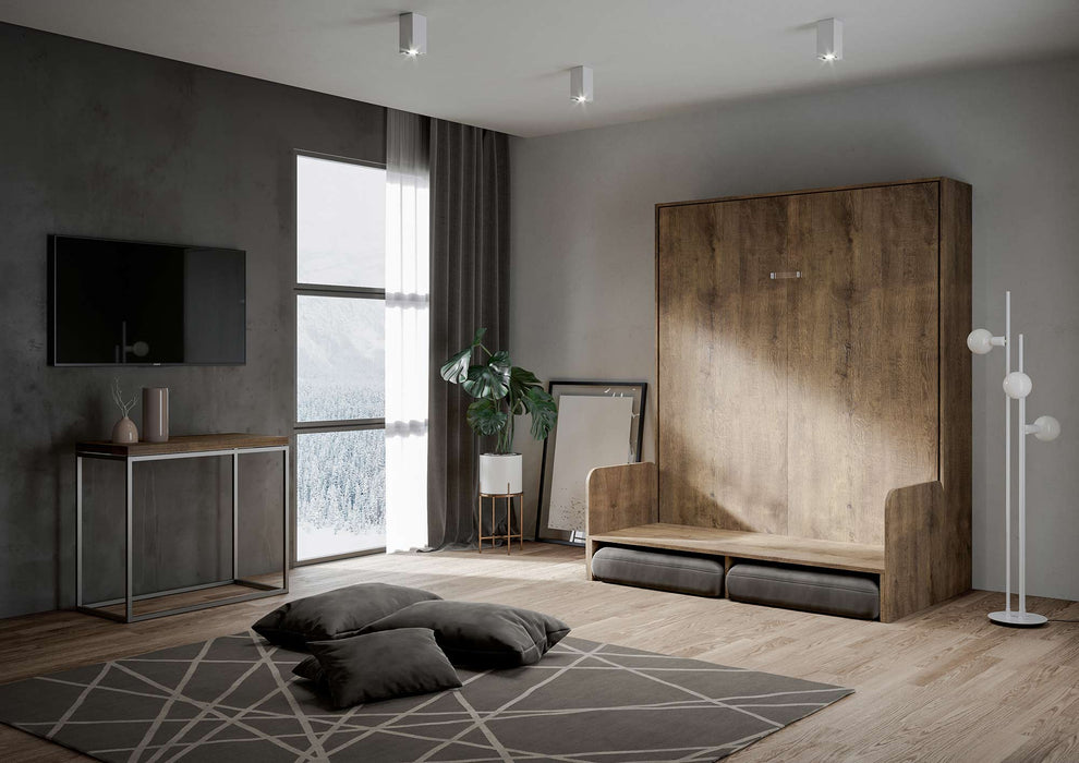 Letto Kentaro Sofà in legno scuro con divano rimosso, evidenzia la struttura compatta e salvaspazio del mobile.