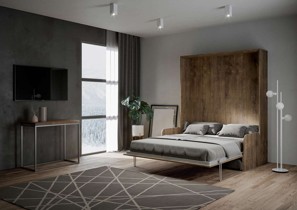 Letto matrimoniale Kentaro Sofà aperto in legno scuro, unione perfetta tra design moderno e funzionalità salvaspazio.