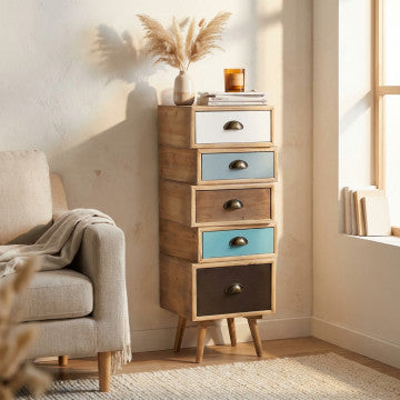 Cassettiera 5 cassetti MDF con gambe pino, 40x36,5x99 cm