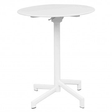 Tavolo Vega ø 60 in acciaio trattato per esterni, colore bianco, con base a tre gambe e piano rotondo, ideale per giardini e terrazze.