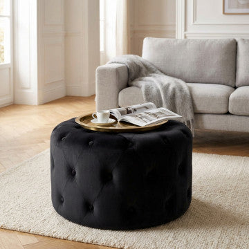 Pouf rotondo in velluto nero, diametro 67 cm, altezza 41 cm