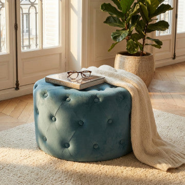 Pouf rotondo in velluto verde, diametro 67 cm, altezza 41 cm