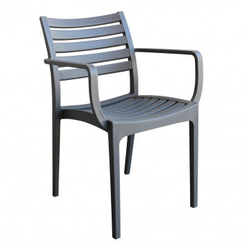 Poltrona Eveline impilabile in polipropilene antracite, ideale per uso interno ed esterno. Misure: 58.5x55.2x84cm.