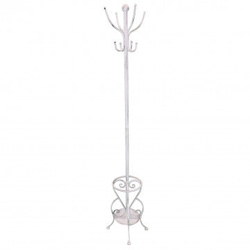 Appendiabiti in ferro verniciato bianco antico con ganci e base decorativa, altezza 183 cm, ideale per ingresso o camera da letto