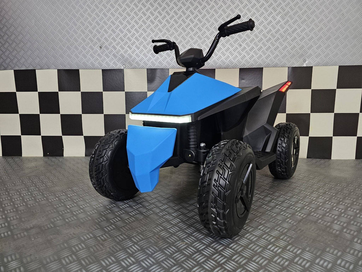 Quad elettrico per bambini colore blu con grandi pneumatici, design moderno, luci LED posteriori e manubrio con manopole nere