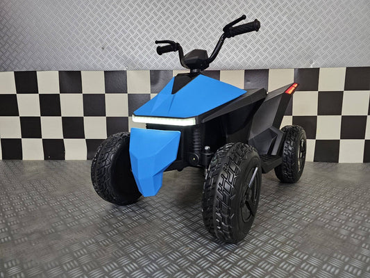 Quad elettrico per bambini colore blu con grandi pneumatici, design moderno, luci LED posteriori e manubrio con manopole nere