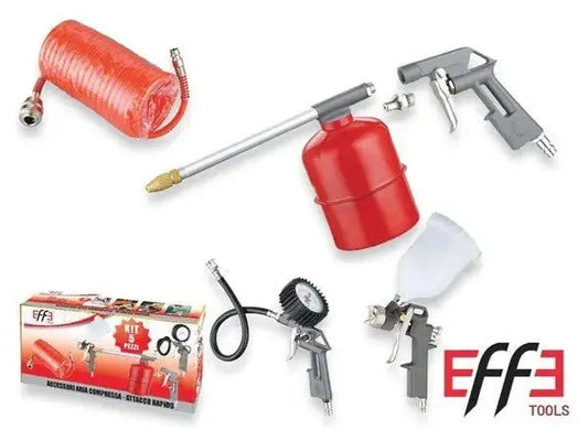 Kit aria compressa attacco rapido 5pz con tubo spiralato, aerografo a gravità, pistola gonfiaggio e accessori, ideale per aerografi e utensili pneumatici.