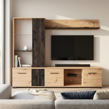 Soggiorno Alhambra rovere artigiano e carbon 202x40x155,5 cm truciolare