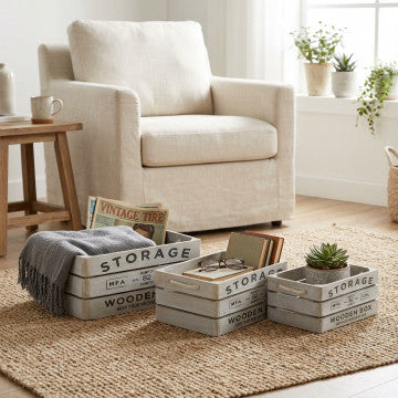 Set 3 cassette in legno paulonia grigio decorate, misure 35x25x15 cm