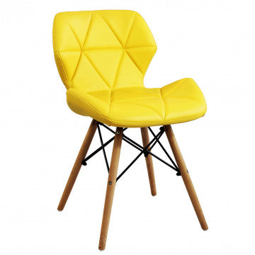Sedia con struttura metallo, seduta ecopelle gialla e gambe in legno