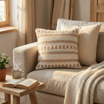Cuscino in lana avorio con decoro, dimensioni 45x45 cm, altezza 8 cm