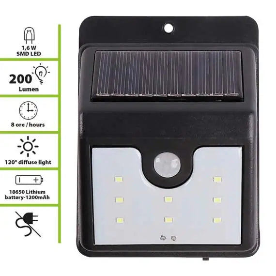 Applique LED solare Velamp con pannello solare, sensore di movimento, 200 lumen, luce diffusa, batteria ricaricabile, SKU: LED-SL212