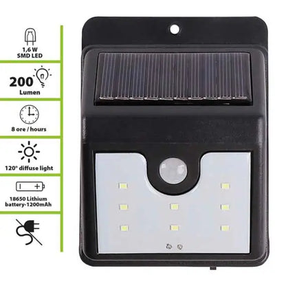 Applique LED solare Velamp con pannello solare, sensore di movimento, 200 lumen, luce diffusa, batteria ricaricabile, SKU: LED-SL212