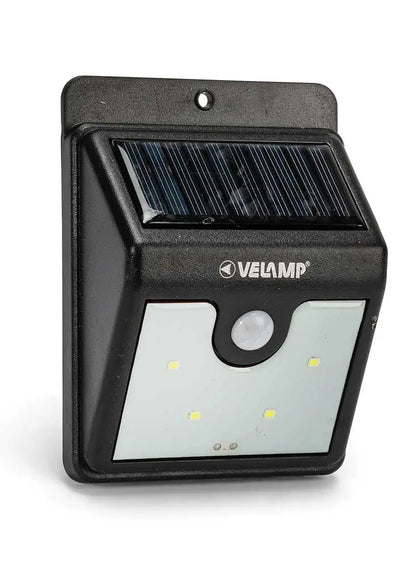 Applique LED solare Velamp con sensore di movimento, pannello solare integrato, luce bianca, corpo nero, ideale per esterni, SKU: LED-SL212