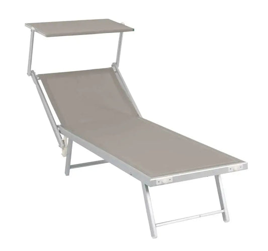 Lettino prendisole in alluminio richiudibile 189x72 cm colore tortora con tettuccio parasole, ideale per giardini e terrazze. Sdraio da giardino Eurogross resistente e pieghevole.