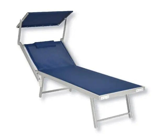 Lettino Lido in alluminio con tessuto texilene dark blue, parasole regolabile e cuscino per il massimo comfort. Ideale per spiaggia o piscina.