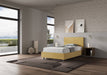Letto singolo contenitore imbottito 100x210 microfibra Adele giallo ocra con vano contenitore, perfetto per ottimizzare lo spazio.