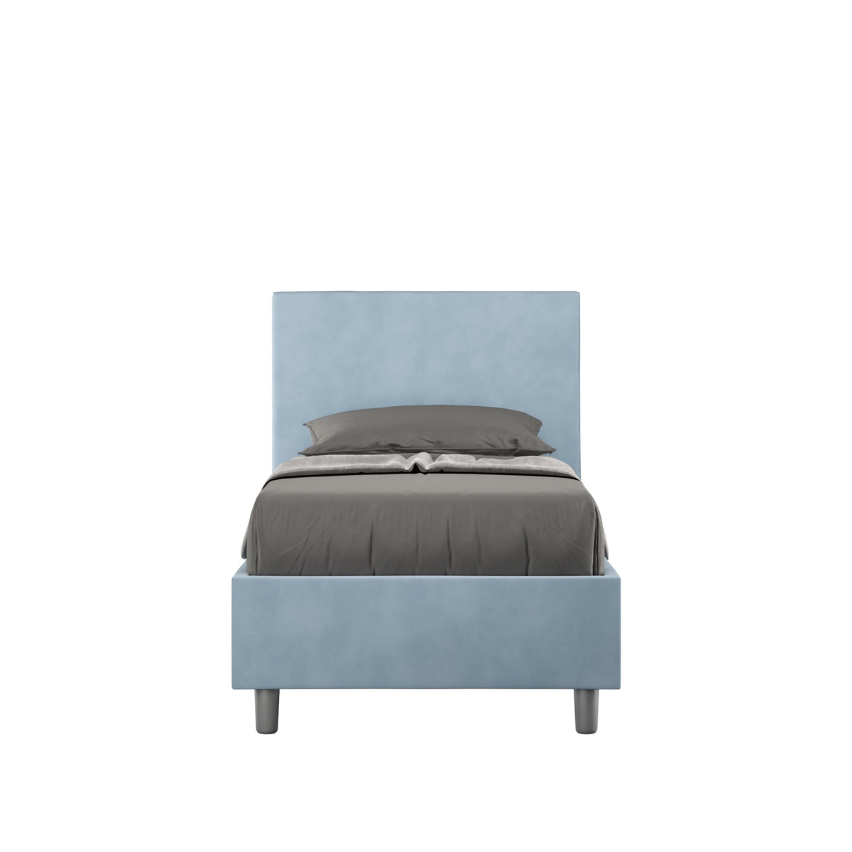 Letto singolo contenitore imbottito 90x200 microfibra Adele azzurro chiaro, con testata alta e piedini grigi. Perfetto per camere giovanili e moderne.