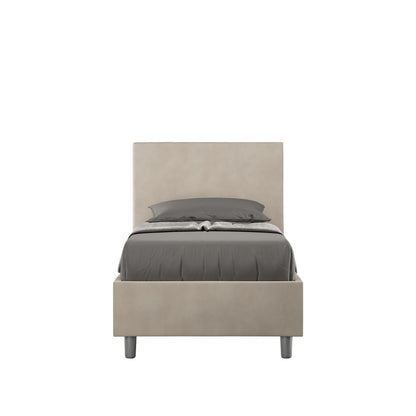 Letto singolo contenitore imbottito 90x200 microfibra Adele beige, con testata alta e piedini grigi. Ideale per camere eleganti e luminose.