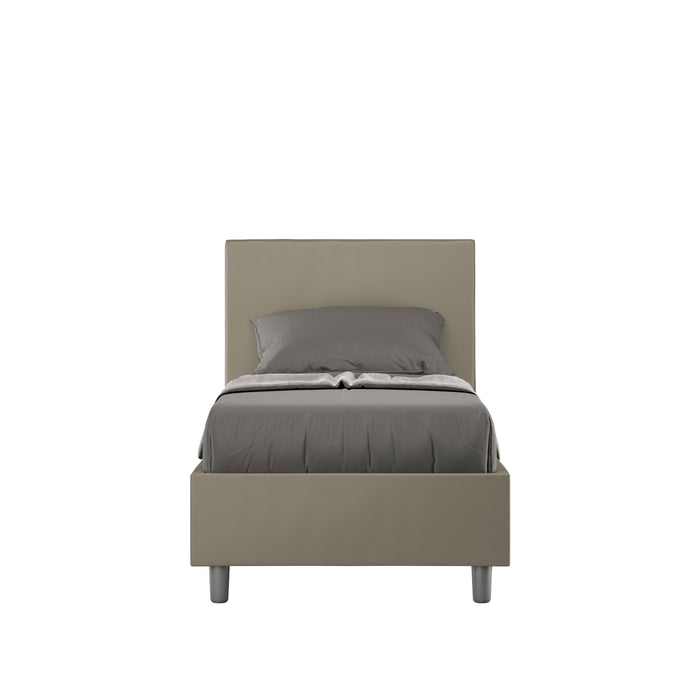 Letto singolo imbottito similpelle Adele grigio-verde senza rete, con testiera alta e struttura moderna, ideale per camere eleganti.