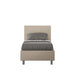 Letto singolo imbottito similpelle Adele beige senza rete, con testiera alta e struttura compatta, adatto a camere moderne.