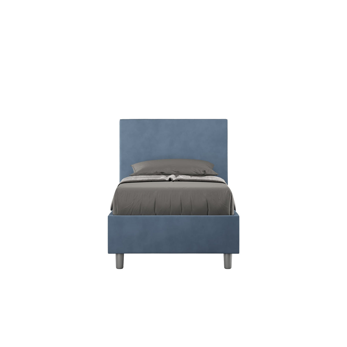 Letto singolo contenitore imbottito 90x200 microfibra Adele blu navy, con testata alta e piedini grigi. Ideale per camere moderne e funzionali.