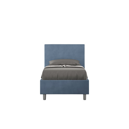 Letto singolo contenitore imbottito 90x200 microfibra Adele blu navy, con testata alta e piedini grigi. Ideale per camere moderne e funzionali.