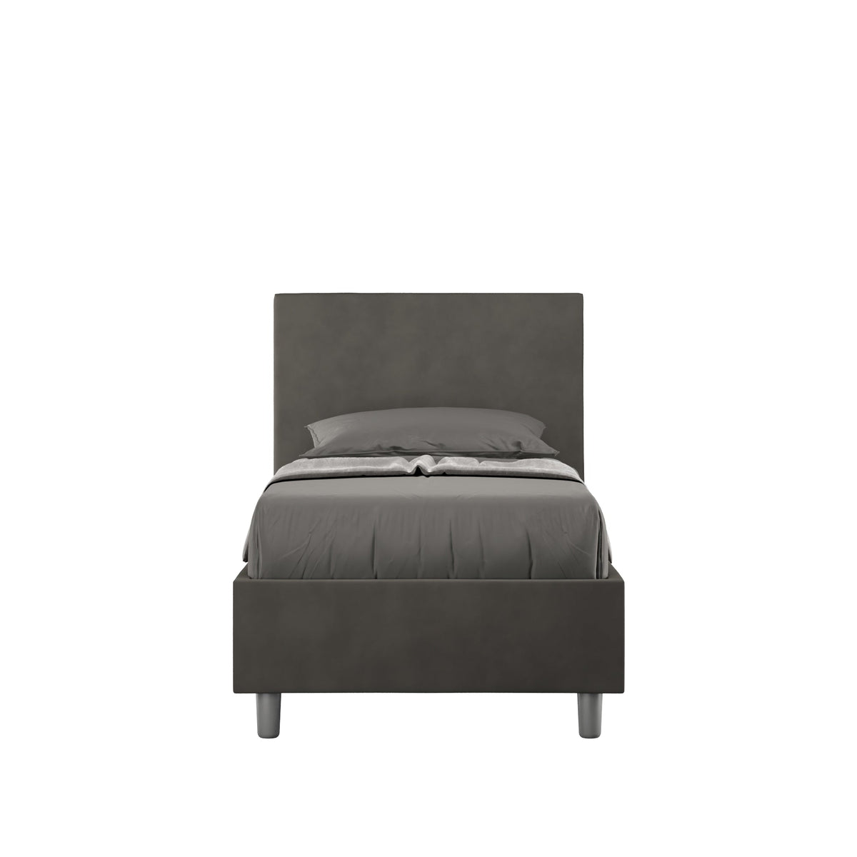 Letto singolo contenitore imbottito 90x200 microfibra Adele grigio scuro, ideale per camere moderne. Design compatto con testata alta e piedini in metallo.