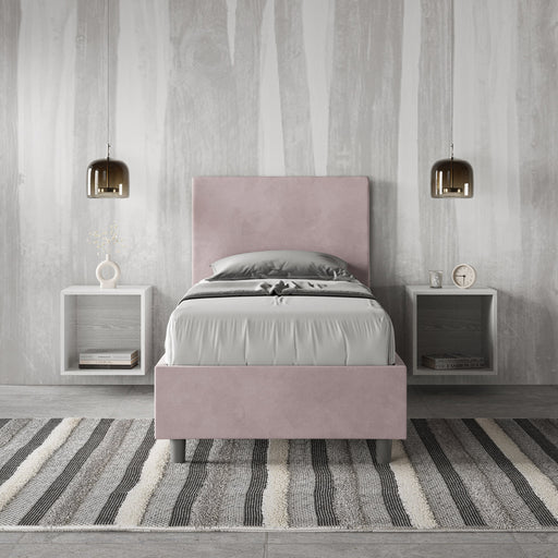 Letto singolo Adele 80x200 rosa cipria in microfibra con testiera imbottita, perfetto per arredare camere con stile e comfort.