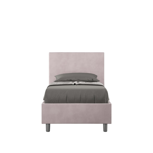 Letto singolo imbottito 80x200 microfibra Adele rosa cipria senza rete, ideale per camere moderne. Design elegante e compatto per spazi ridotti.